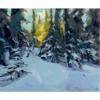 Vanishing Point by Judd Mercer | Oil Painting of a snowy forest scene with trees For Sale