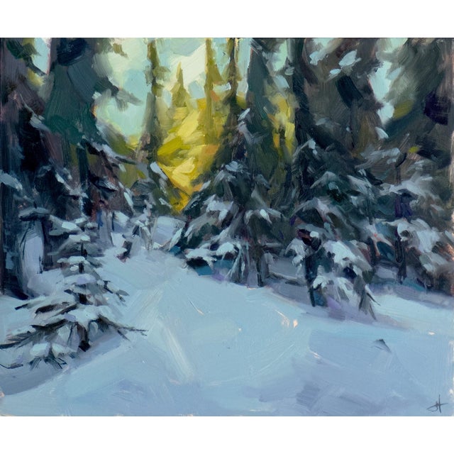 Vanishing Point by Judd Mercer | Oil Painting of a snowy forest scene with trees For Sale
