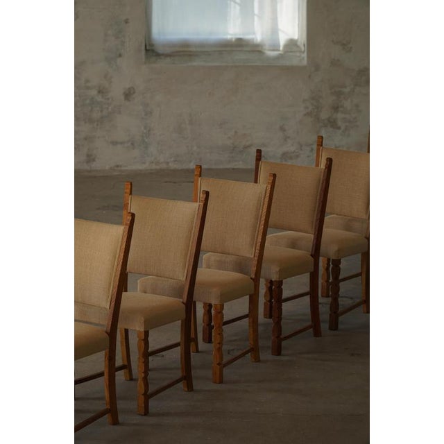 Brown Danish Modern Dining Chairs in Oak and Hessian by Henning Kjærnulf, 1950s, Set of 10 For Sale - Image 8 of 18
