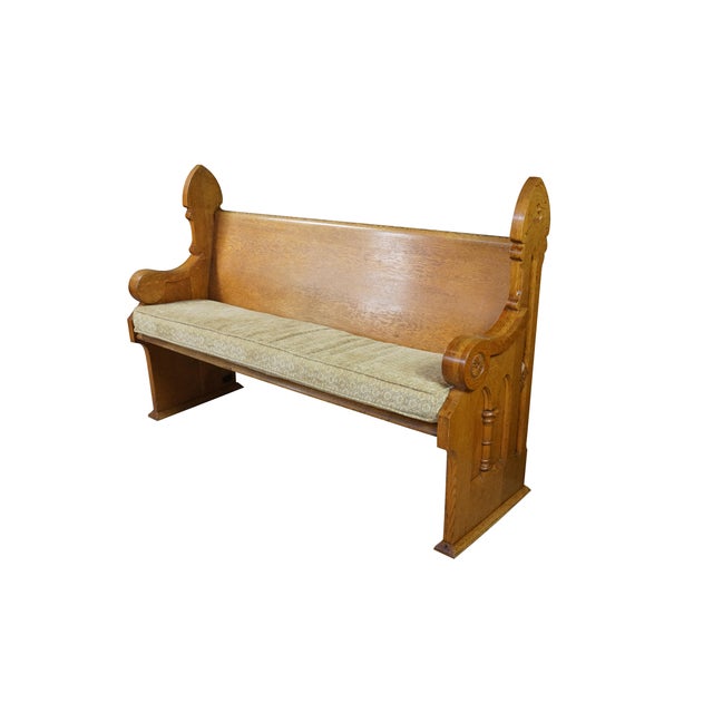 Victorian 2 Antique Gothic Revival Quartersawn Oak Carved Church Pews Deacon Bench Pair For Sale - Image 3 of 18