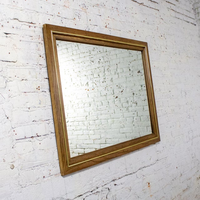 Thomasville 1974 Modern Wall Mirror by Thomasville Rectangular Oak Frame With Brass Plated Detail For Sale - Image 4 of 18