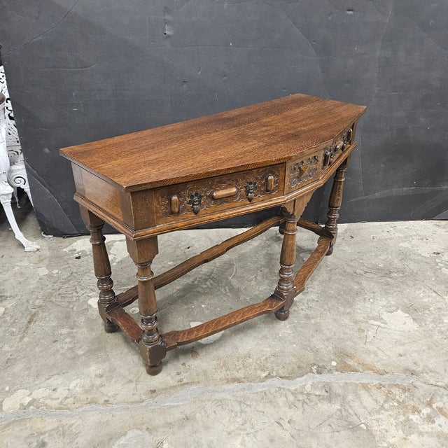 Vintage English Oak 2 Drawer Console Table With Shaped Front For Sale - Image 16 of 17