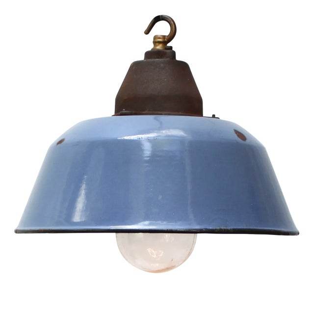 Vintage Industrial Blue Enamel, Clear Glass and Cast Iron Pendant Light For Sale