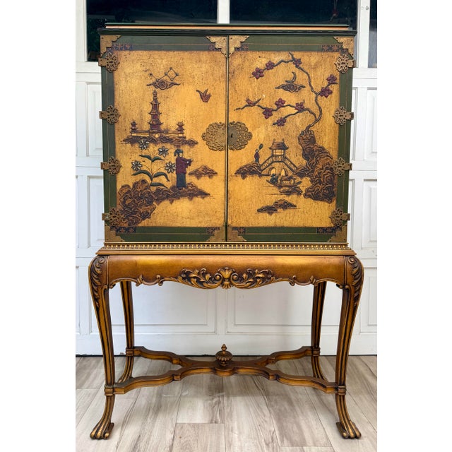 Mid-Century Chinoiserie Scenic Two-Door Cabinet With Ornate Brass Hardware For Sale - Image 18 of 18