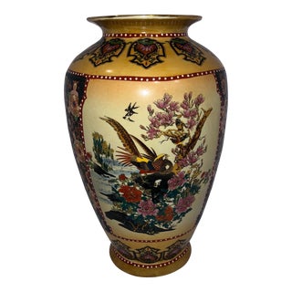 Vintage Late 20th Century Japanese Royal Satsuma Large Hand Painted Vase Floral Bird For Sale