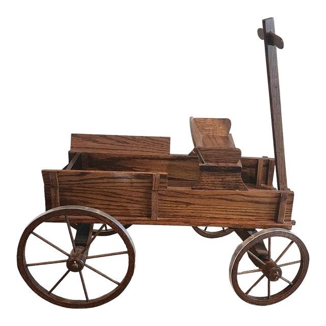 Vintage Hand Crafted Decorative Oak Pull Toy Wagon For Sale