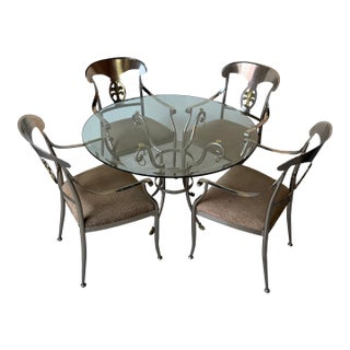 Vintage Neoclassical-Style Brushed Steel and Brass Dining — Set of 5 For Sale
