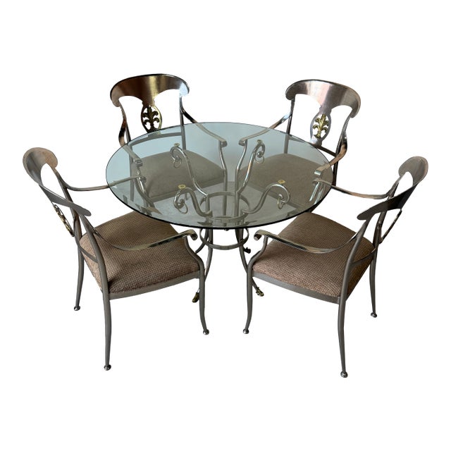 Vintage Neoclassical-Style Brushed Steel and Brass Dining — Set of 5/ Sold For Sale
