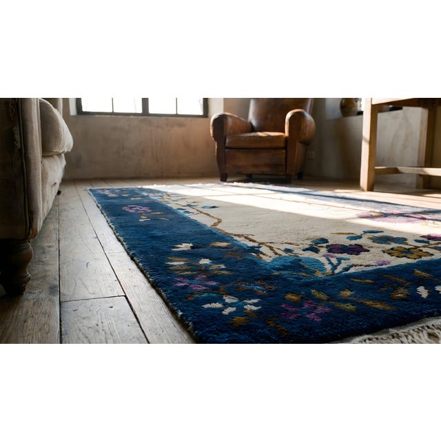 Excellent Tan Beige With Special Floral Design Antique Chinese Art Deco Rug For Sale - Image 10 of 11