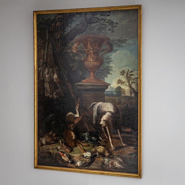 Baroque Artist, Hunting Still Life with Dog, 18th Century, Large Oil on Canvas, Framed For Sale - Image 4 of 14