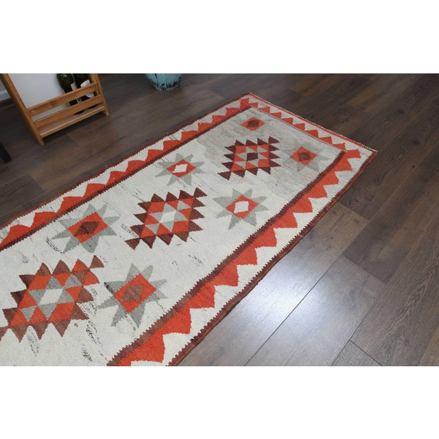 Textile 1970s Vintage Handmade Wool Cotton Beige Orange Runner Rug For Sale - Image 7 of 11
