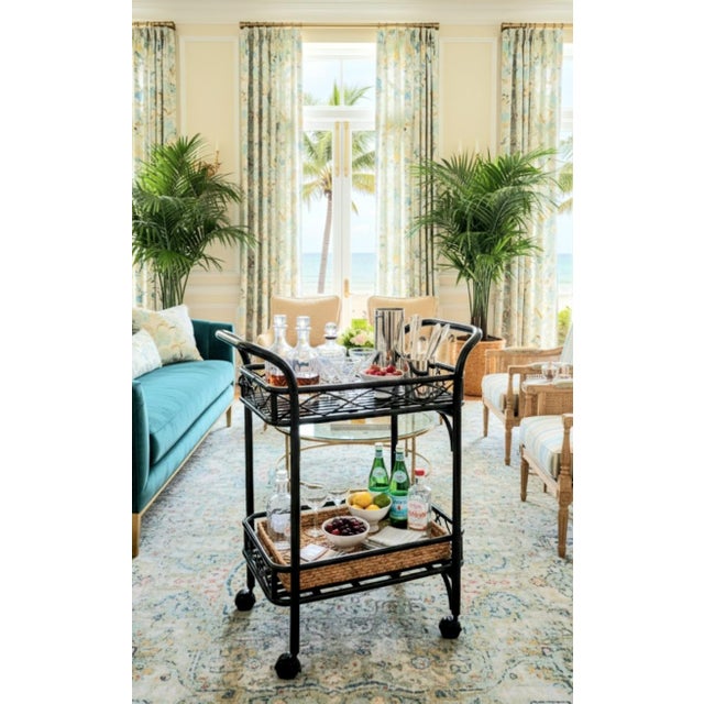 Black Vintage Painted Black Gloss Rattan Coastal Regency Rolling Bar Cart With Silverware Tray For Sale - Image 8 of 8
