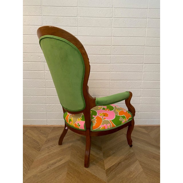 1900 - 1909 Early 1900s Victorian Wooden Armchair Upholstered in Vintage Colorful Groovy Print Fabric and Green Velvet For Sale - Image 5 of 12