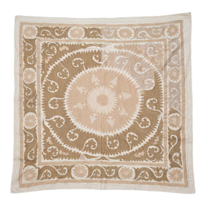Suzani Wall Hanging Decor - Neutral Tan Uzbek Tablecloth