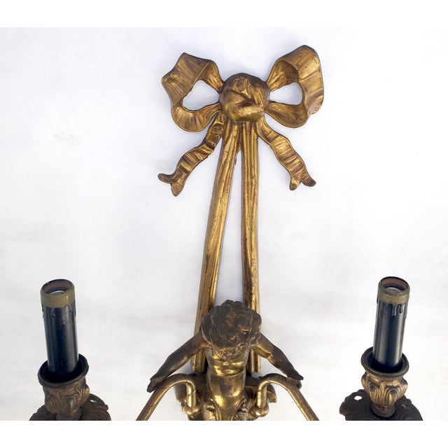 Pair Antique Gilt Bronze Two-Light Wall Sconce w/ Cherub Louis XVI Style NICE For Sale - Image 11 of 12