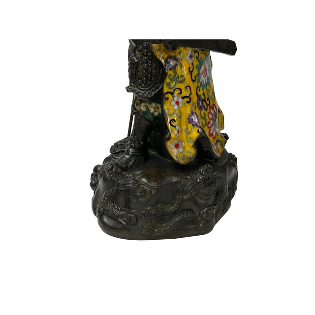 Vintage Cloisonne Yellow Enamel General Guan Yu Warrior Metal Statue For Sale - Image 12 of 18