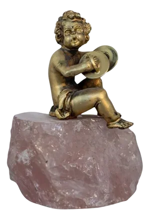 Baroque Statue of Silver Cherub on Rose Quartz