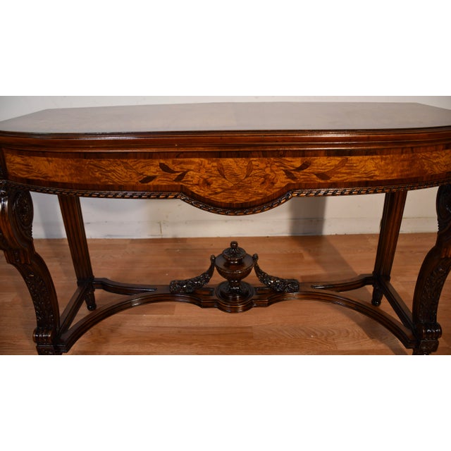 1900 - 1909 1900s Antique French Louis XVI Walnut & Satinwood Inlay Console Table For Sale - Image 5 of 18