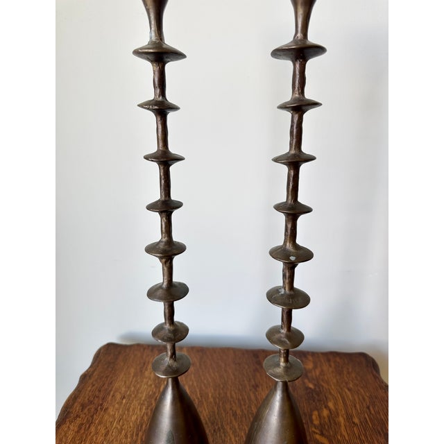 Large Vintage Brutalist Hand Forged Brass Candlesticks, 1960s, Set of 2 For Sale - Image 13 of 17