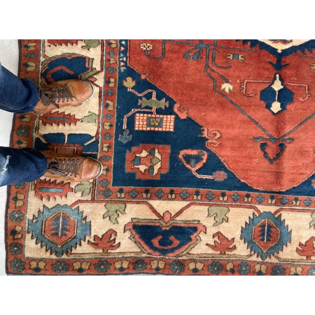 Turkish 1950's Vintage Turkish Serapi Design Rusty Terracotta, Army Green & Sky Blue Rug 7.3 X 10 For Sale - Image 3 of 9