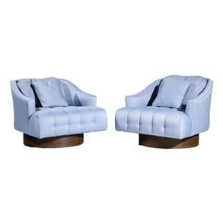 Harvey Probber Style Mid Century Walnut Swivel Lounge Chairs - Pair For Sale
