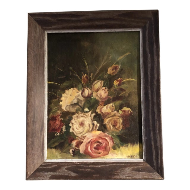 Vintage Original Floral Still Life Painting With Roses Mid-Century Signed Modernist Frame For Sale
