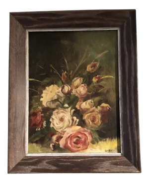 Vintage Original Floral Still Life Painting With Roses Mid-Century Signed Modernist Frame