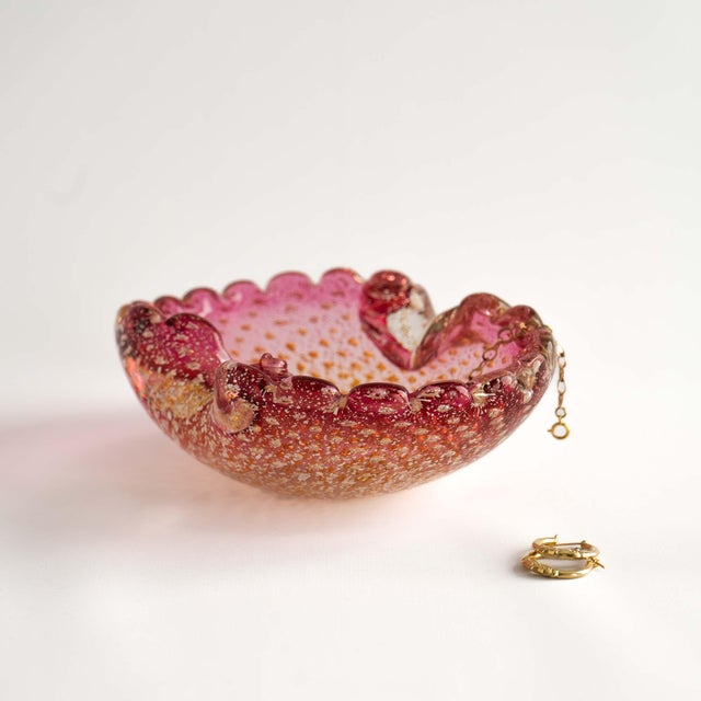 Exquisite vintage Murano art glass catchall dish in blush pink and golden yellow, with luminous gold aventurine flecks...