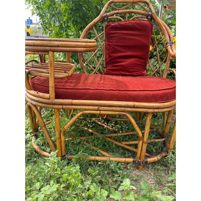 Vintage Boho Chic Bamboo Gossip Bench With Original Seat and Back Cushions, Original Glass Top on Table. In Immaculate Condition. For Sale - Image 4 of 10