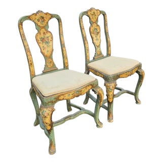 Antique Pair of Italian Venetian Rococo Revival Hand-Painted Polychrome and Parcel-Gilt Side Chairs With Floral Decoration, Circa 1920 For Sale