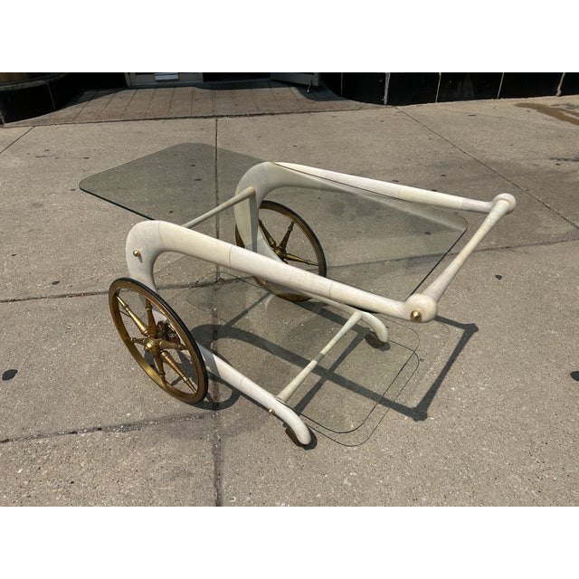 Aldo Tura Goatskin Wrapped Wood + Glass Chariot Bar Cart C1960s For Sale In Chicago - Image 6 of 10