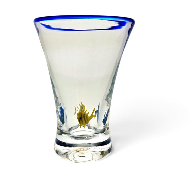Annieglass Tropical Fish Art Glass Vase Blue Rim 5.5" Santa Cruz For Sale - Image 4 of 12