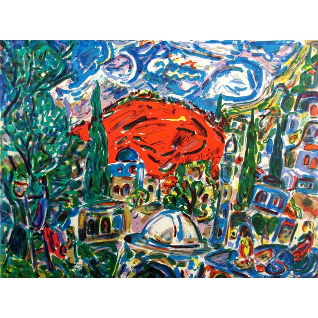 Impressionist Amos Yaskil "Red Mountain" Signed Numbered Art Lithograph, Judaic Art Framed For Sale