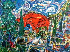 Impressionist Amos Yaskil "Red Mountain" Signed Numbered Art Lithograph, Judaic Art Framed