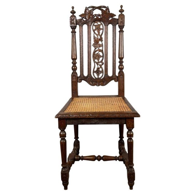 19th Century Antique Oak Carved Hallway Chair with Cane Seat For Sale - Image 4 of 11