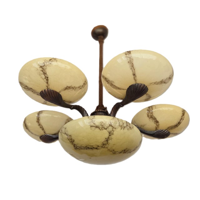 Art Deco 1930s 5-Arm Art Deco Chandelier Marbled Glass Shades Brass Accents, Antique European Lamp For Sale - Image 3 of 16