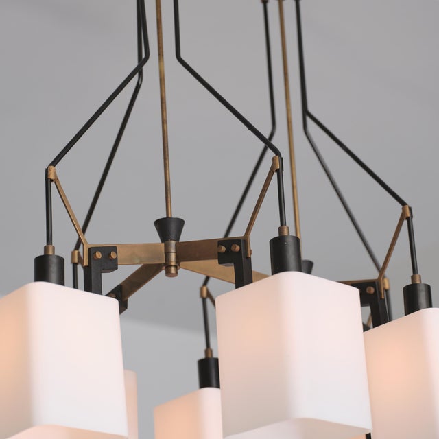 Italian Six-Light Chandelier in Brass, Black Metal and Opaline Glass, 1950s For Sale - Image 14 of 16