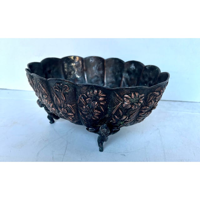 French Vintage Scalloped Embossed Copper Jardiniere Footed Bowl For Sale - Image 3 of 18