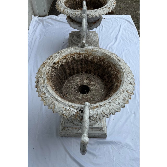 Pair of 19th C.E. Walbridge Cast Iron Garden Planters Urns With Scrolled Arms For Sale - Image 4 of 12