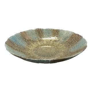 Artistic Accents Artisan Fused Glass Scalloped Edge 13” Console Bowl - Forged Teal & Black For Sale