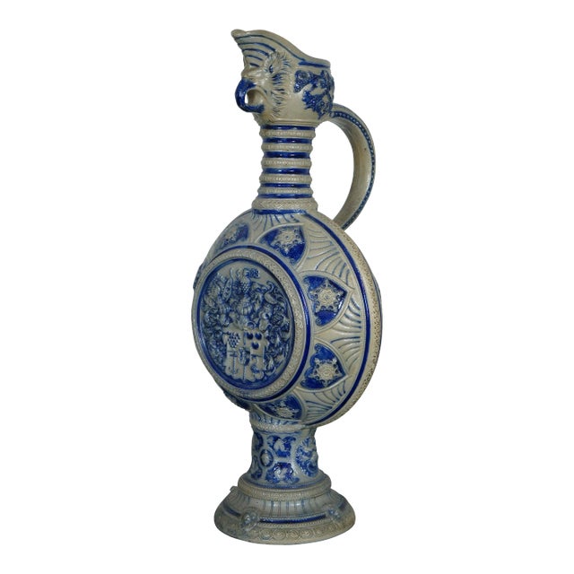 Antique German Westerwald Cobalt Blue Salt Glaze Stoneware Pitcher Jug Ewer For Sale