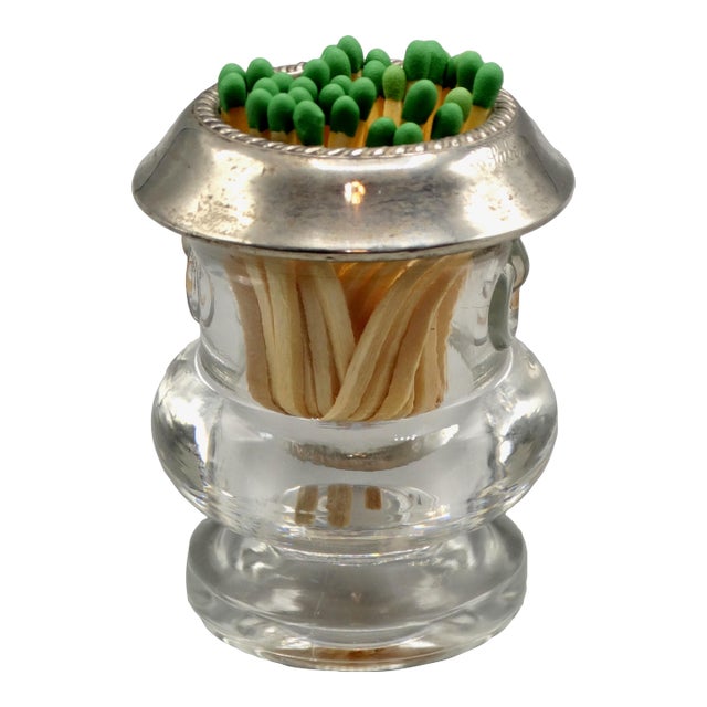 Antique Sterling Silver & Glass Match Holder For Sale