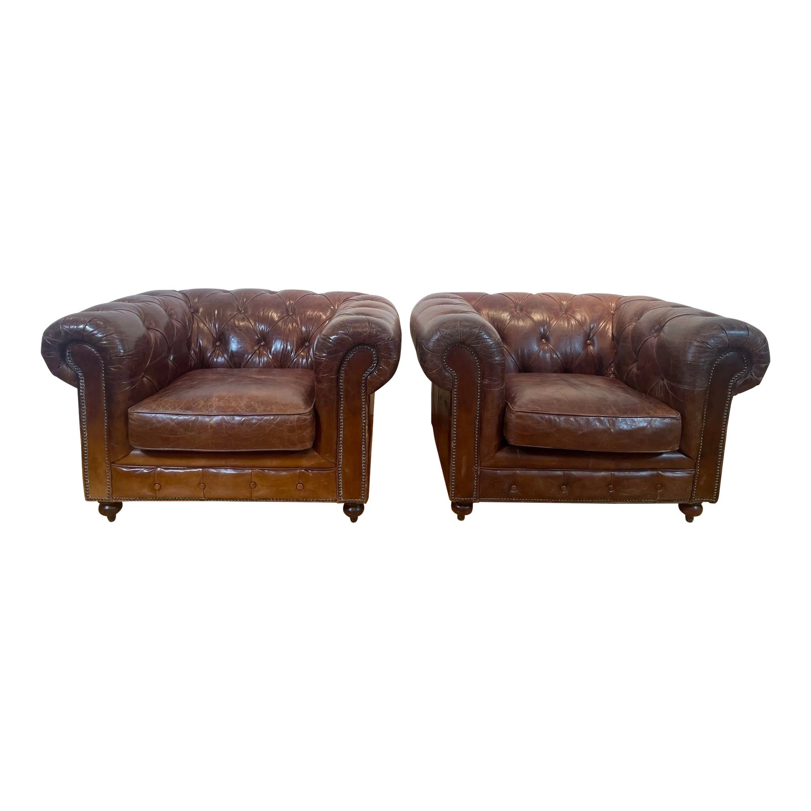 Vintage English Brown Leather Tufted Chesterfield Club Armchairs a Pair ...