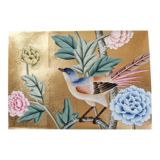 Hand Painted Gold Leaf Wallpaper Panel With Bird & Peony Floral Design, Luxury Chinese Inspired Wallcovering, Decorative Art Wallpaper Sample 8" X 12" For Sale
