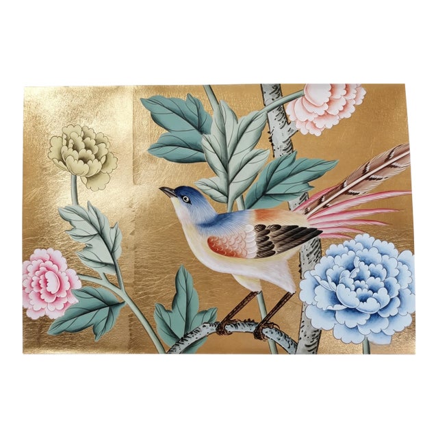 Hand Painted Gold Leaf Wallpaper Panel With Bird & Peony Floral Design, Luxury Chinese Inspired Wallcovering, Decorative Art Wallpaper Sample 8" X 12" For Sale
