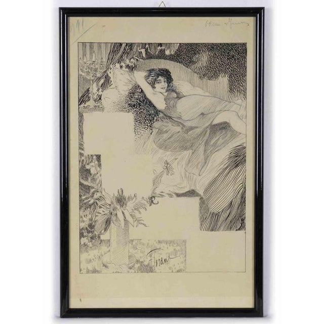 Woman is an original modern artwork realized by a french Artist in the mid-20th century. Black and white china ink drawing...