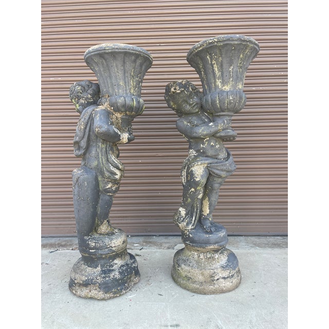 Neoclassical 1940s Pair of Grand 39" Tall Neoclassical Cast Stone Putti Figure Planters With Mossy Patina For Sale - Image 3 of 14
