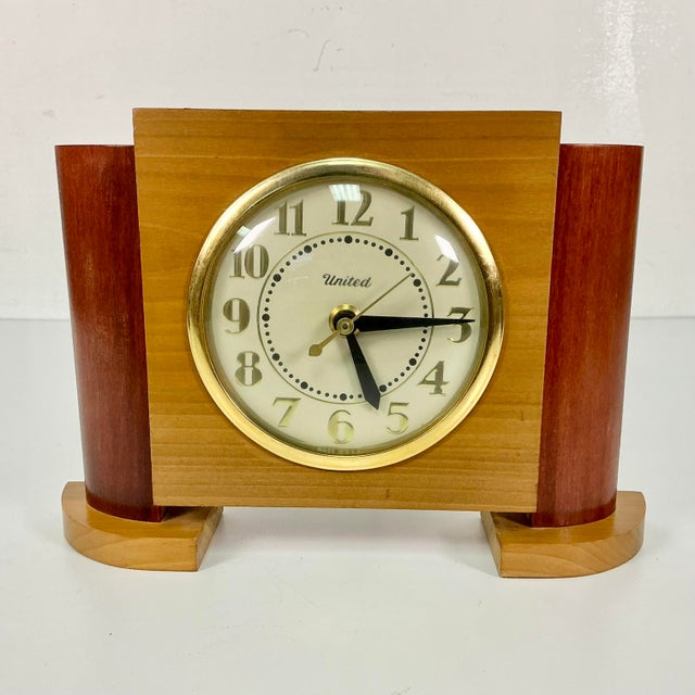 1940s Vintage Art Deco Arts & Crafts Boho Chic Wood Tabletop Clock For Sale - Image 11 of 13