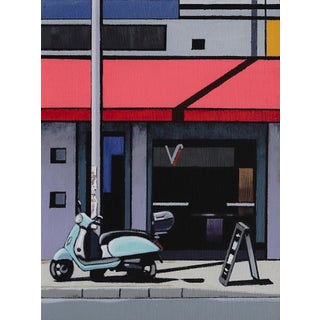 Berlin by Neil Douglas | Acrylic on board Scooter parked outside a building with a red awning. For Sale