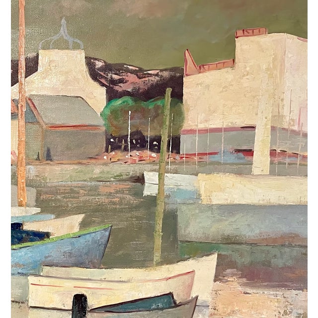 Textile 1960s Pierre Palue French Marine Fishing Boats Signed Oil on Canvas For Sale - Image 7 of 12